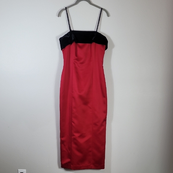 Vintage Y2K Alex Evenings Satin Velvet Formal Dress Gown Size 10 Red Black Prom - Picture 1 of 16